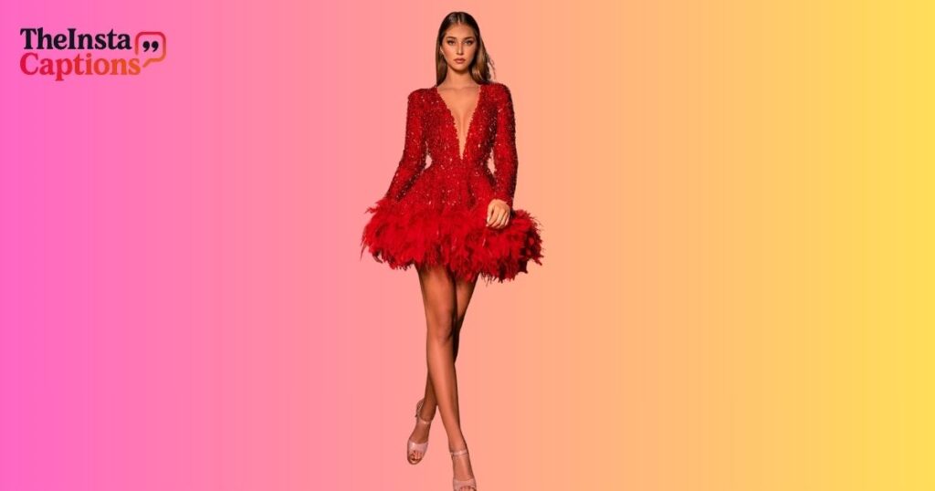 red dress captions for women